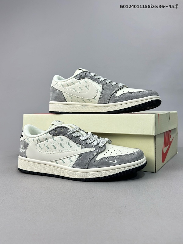 25036-45半定制球鞋 Stussy x Travis Scott x Air Jordan 1 Low 斯图西 x AJ1 低帮 灰白黑倒勾联名货号XY2688-124