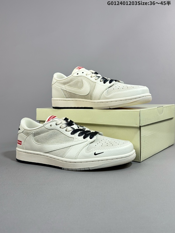 25036-45半 定制球鞋 Supreme x Travis Scott x Air Jordan 1 Low Sup x AJ1 低帮 灰白黑倒勾联名货号BB7518-002