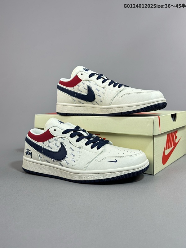 25036-45半 定制球鞋 Stussy x Air Jordan 1 Low 斯图西 x AJ1 低帮 联名白蓝红 AJ1货号XX3318-566
