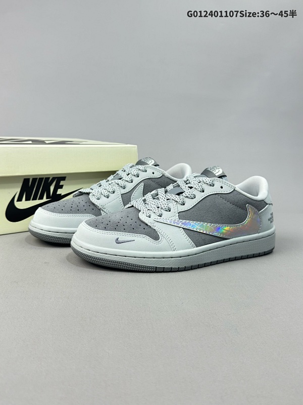 25036-45半 定制球鞋 The North Face x Travis Scott x Air Jordan 1 Low 北面 x AJ1 低帮 灰镭射倒勾联名货号AG3702-803