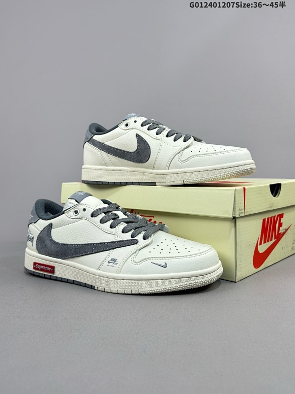 25036-45半Stussy x Supreme x Travis Scott x Air Jordan 1 Low低帮 三方联名米白灰倒勾货号SJ2068-125