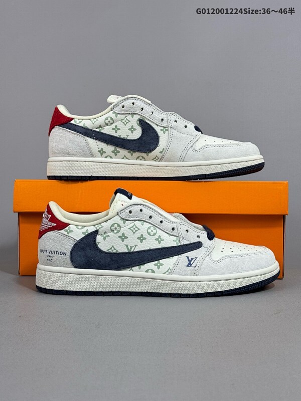 20036-46半定制球鞋 Louis Vuitton x Travis Scott x Air Jordan 1 Low低帮 米白蓝倒勾联名货号YQ2088-688