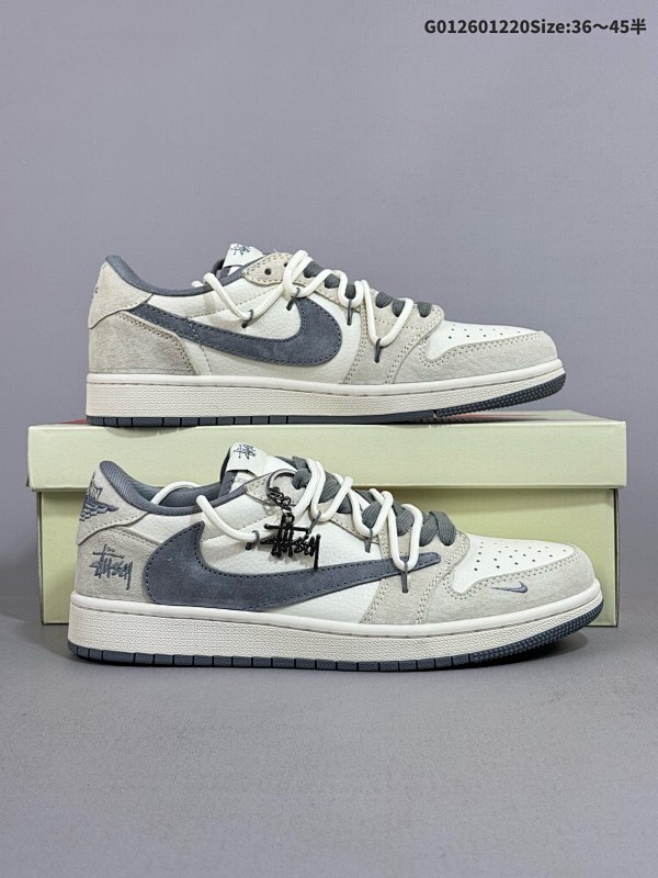 26036-45半 定制球鞋 Stussy x Travis Scott x Air Jordan 1 Low 斯图西 x AJ1 低帮 灰白解构倒勾联名货号DM9288-004