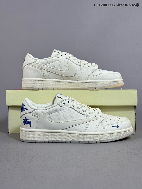 20036-45半 定制球鞋 Stussy x Travis Scott x Air Jordan 1 Low 斯图西 x AJ1 低帮 米白蓝倒勾联名货号LJ5188-013