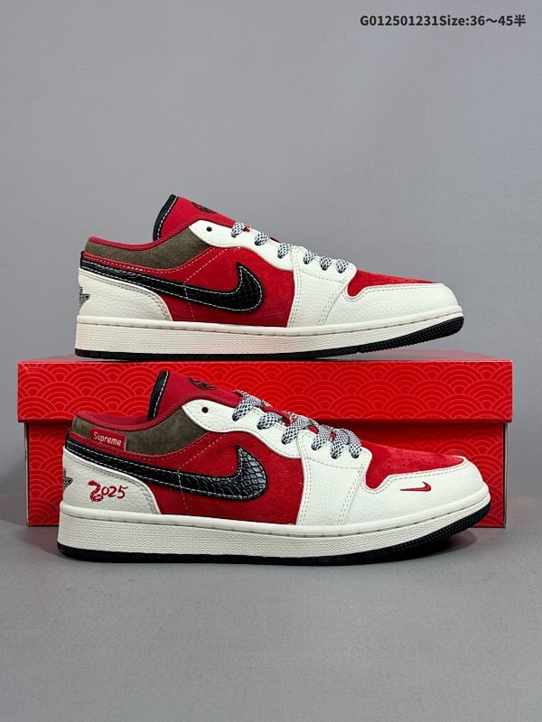 25036-45半 定制球鞋 Supreme x Air Jordan 1 Low Sup x AJ1 低帮 红白黑货号FC1688-203