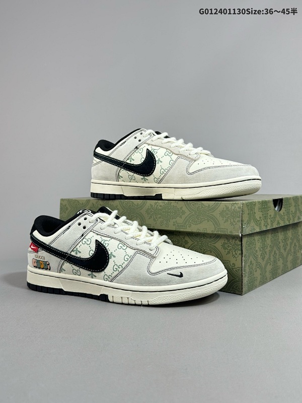 25036-45半 定制球鞋 Gucci x Nike Dunk SB Low 古驰古奇 x 耐克 SB 低帮 联名灰白黑 鞋身以米白色作为主色货号MM1089-029