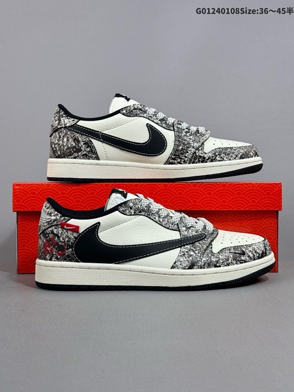 24036-45半 定制球鞋 Travis Scott x Air Jordan 1 Low 低帮 蛇年限定 灰白黑倒勾联名 AJ1货号SJ2068-144
