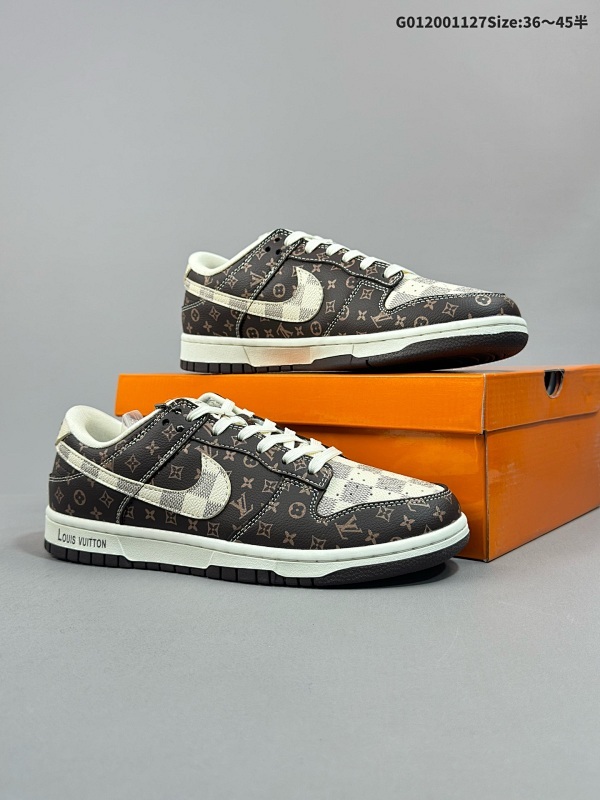 20036-45半 头层带半码定制球鞋 Louis Vuitton x Nike Dunk SB Low 路易威登 x 耐克 SB 低帮 LV联名棕白棋盘格货号SJ2068-255