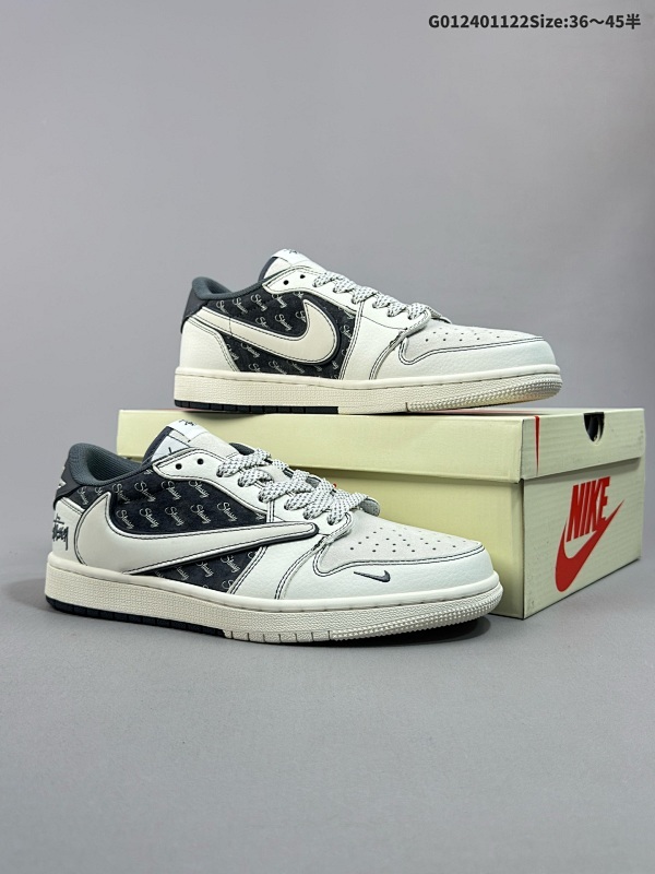 25036-45半 公司级 头层定制球鞋 Stussy x Travis Scott x Air Jordan 1 Low 斯图西 x AJ1 低帮 米白灰倒勾联名货号SJ2068-123