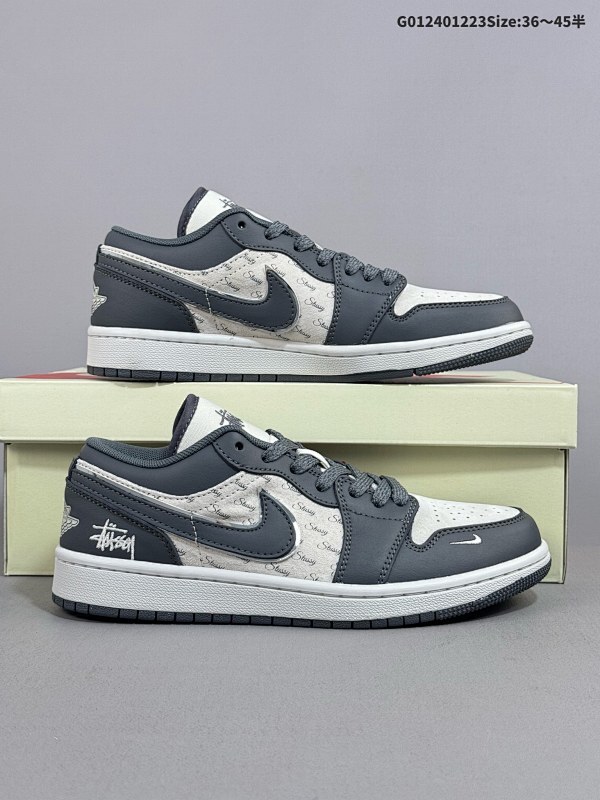 24036-45半 定制球鞋 Stussy x Air Jordan 1 Low 斯图西 x AJ1 低帮 联名灰白色货号XX3318-966