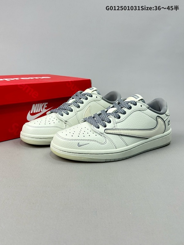 25036-45半 定制球鞋 Supreme x Travis Scott x Air Jordan 1 Low Sup x AJ1 低帮 米白灰倒勾联名货号CH6336-011