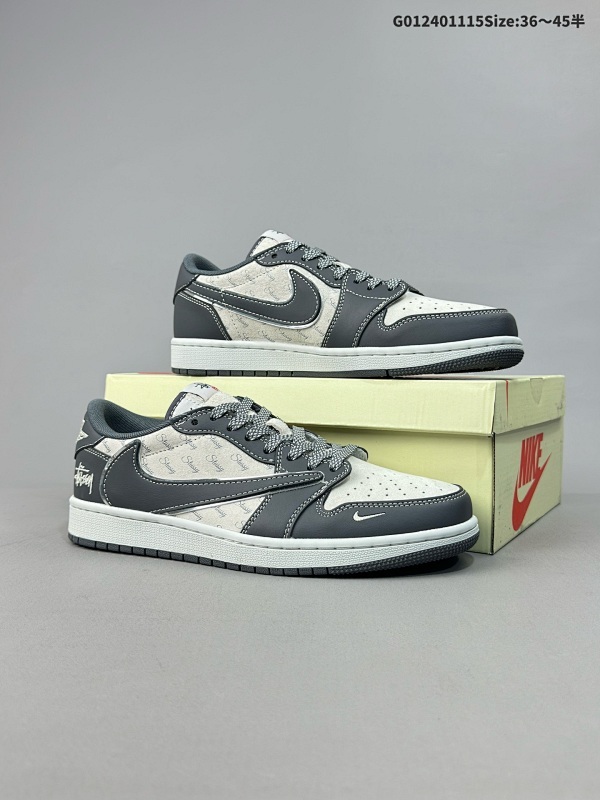 25036-45半Stussy x Travis Scott x Air Jordan 1 Low 斯图西 x AJ1 低帮 灰白色倒勾联名货号XZ3398-003
