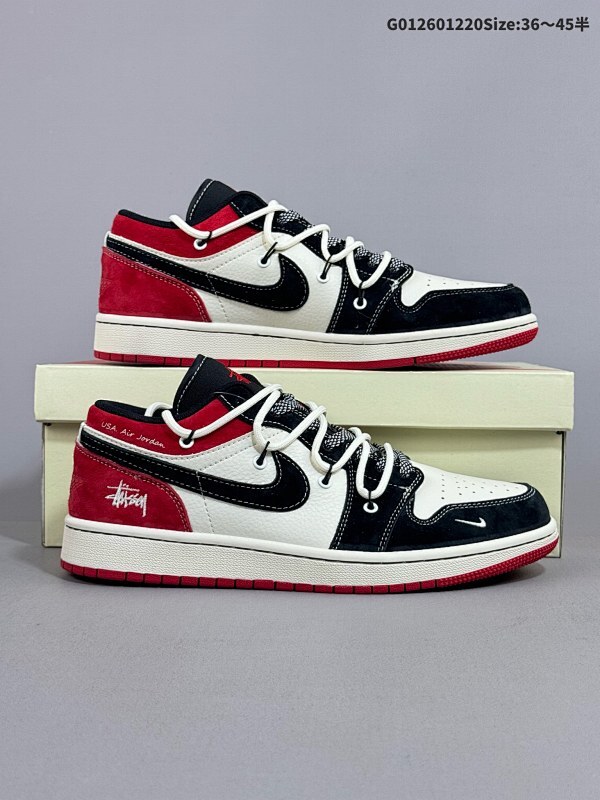 26036-45半 定制球鞋 Stussy x Air Jordan 1 Low 斯图西 x AJ1 低帮 联名黑白红解构鞋带货号SJ9950-048