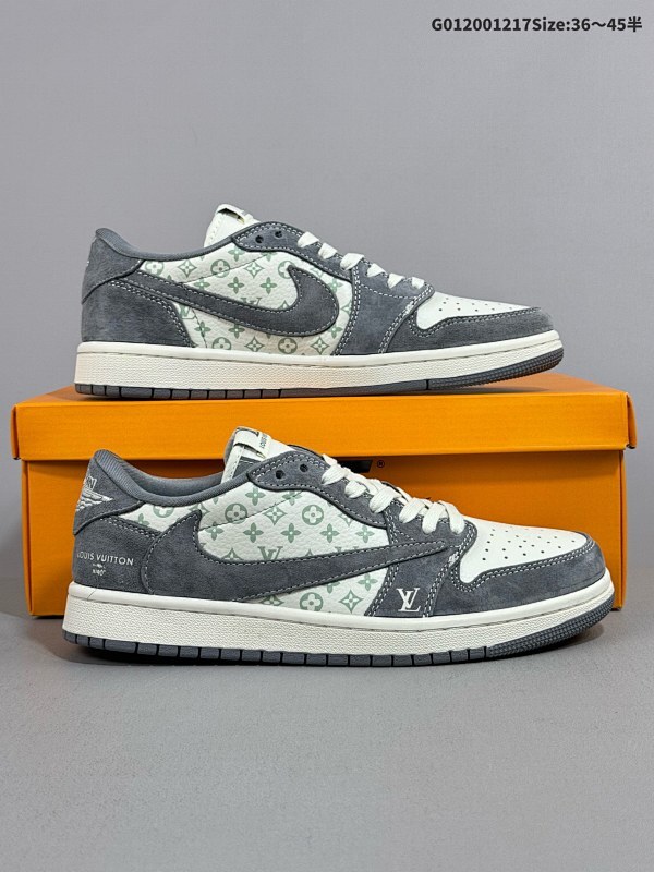 20036-45半 定制球鞋 Louis Vuitton x Travis Scott x Air Jordan 1 Low 路易威登LV x AJ1 低帮 灰白倒勾货号SJ2068-001
