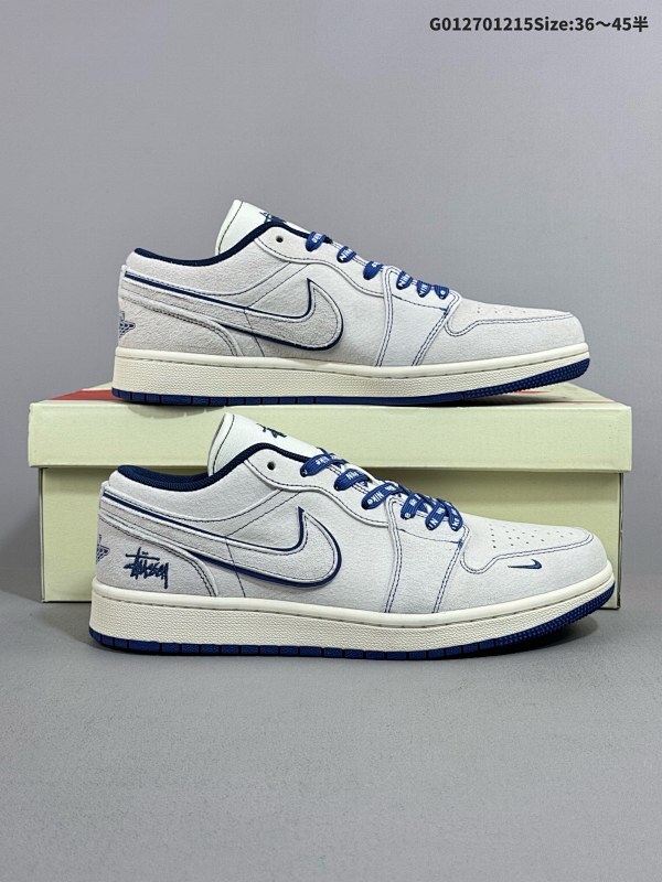 27036-45半 定制球鞋 Stussy x Air Jordan 1 Low 斯图西 x AJ1 低帮 联名米白蓝货号DM9188-006