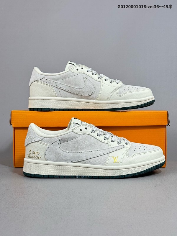20036-45半 定制球鞋 Louis Vuitton x Travis Scott x Air Jordan 1 LowAJ1 低帮 米灰绿倒勾联名货号LJ5188-005
