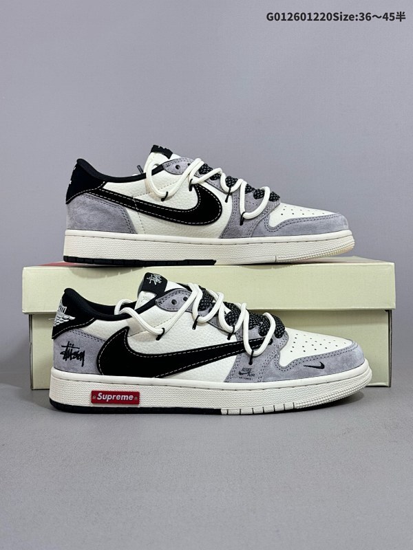 26036-45半定制球鞋 Stussy x Supreme x Travis Scott x Air Jordan 1 LowAJ1 低帮 三方联名灰白黑倒勾货号SJ0086-139