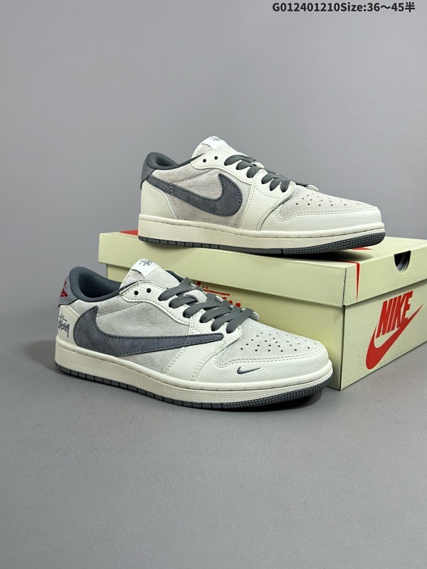 24036-45半 定制球鞋 Stussy x Travis Scott x Air Jordan 1 Low 斯图西 x AJ1 低帮 米白灰倒勾联名货号XZ6868-001
