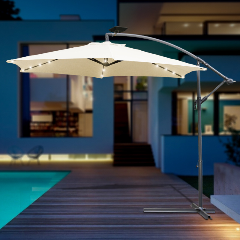 LED Solar Beleuchtung für 3.5m Sonnenschirm Marktschirm 48 LEDs Kurbel