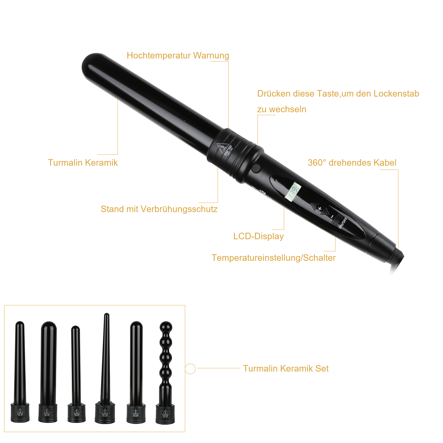 LCD Lockenstab 6 in1 Lockenstäbe Lockenwickler Kit Ceramic Heißluftbürste 9-32mm