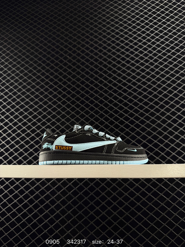 85 童鞋倒钩NK Fragment x Travis Scott x Air Jordan 1  AJ1 乔1 TS 藤原浩 三方联名倒钩 低帮文化篮球鞋  货号：XS2024 尺码：24～37 I