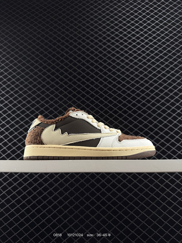 120 AJ1倒勾Travis Scott x Air Jordan 1 ” Reverse Mocha “ AJ1乔1 TS 闪电 联名倒钩 低帮文化篮球鞋 完美品质出货 细节如图所示  鞋面切割工