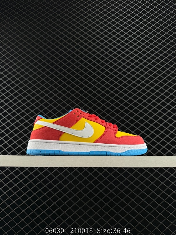 90 Nike SB Dunk Low Pro "Bart Simpson" 耐克 SB 低帮 黄橙色辛普森 整体配色以鲜艳醒目的红、黄、蓝撞色呈现，酷似《辛普森一家》的主角巴特.辛普森的形象。鞋身整