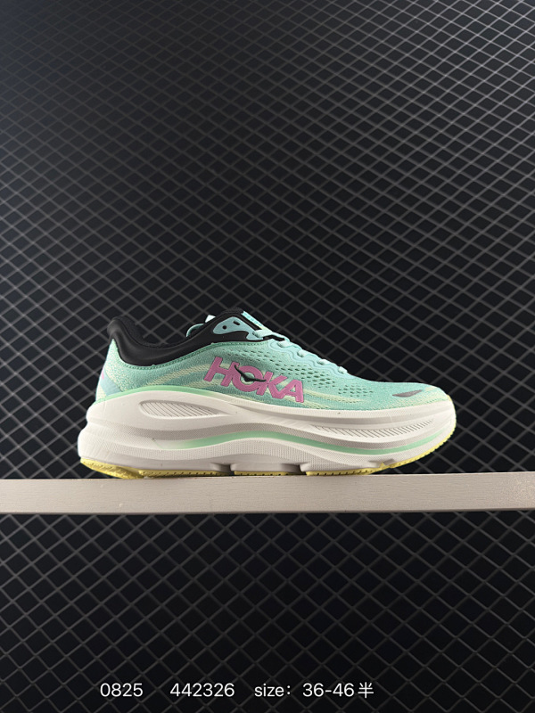 130 HOKA ONE ONE Bondi 9 机能缓震跑鞋 鞋面部分采用工程网眼面料，可以确保必要的透气性能。使用了全新的莱卡橡筋，这大大提升了鞋面的硬度，由此增加鞋面的支撑性能。后掌33mm、前