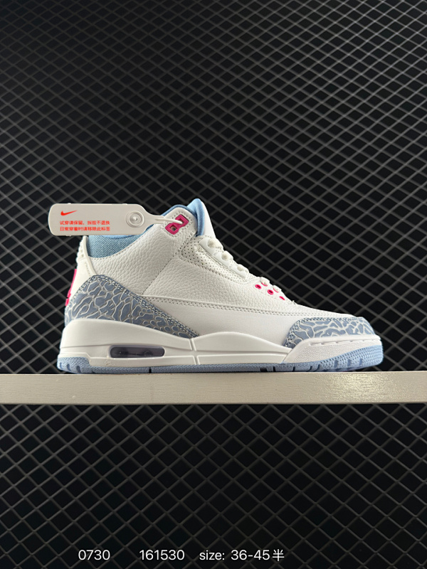 150 Air Jordan 3 Retro "White And Cobalt Bliss" 钴宝蓝 AJ3 乔丹3代 aj3 乔3 冰蓝粉 乔丹篮球鞋系列 鞋身以纯净的白色皮革为基底，营造出清爽干