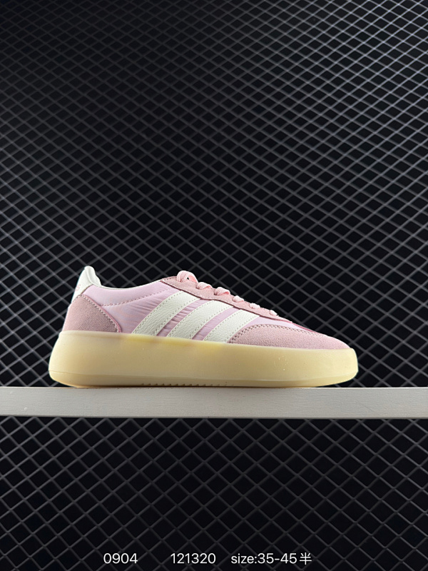 100真标带半码 Adidas Bareda Decode 阿迪达斯 低帮 果冻粉色 男女同款 舒适百搭防滑耐磨织物皮革潮流时尚低邦板鞋 在保留复古风格的同时，添加了摩登的细节；鞋身整体以粉色织物打造