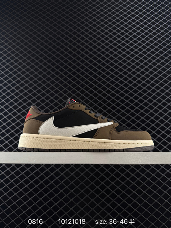 90 AJ1倒勾Travis Scott x Air Jordan 1 ” Reverse Mocha “ AJ1乔1 TS 闪电 联名倒钩 低帮文化篮球鞋 完美品质出货 细节如图所示  鞋面切割工整