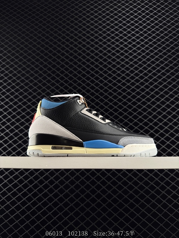 190 公司级Air Jordan 3 Retro "Rare Air" 黑灰蓝 AJ3 乔丹3代 aj3 乔3 黑灰蓝 乔丹篮球鞋系列 鞋身整体以磨砂材质打造，配色方面以黑色为底色，搭配灰色鞋带孔等