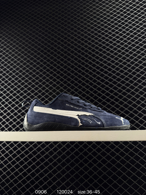 120 PUMA 彪马 x Balenciaga巴黎世家 Speedcat 系列 薄底鞋 牛皮绒面革 圆头做旧磨损 低帮 生活休闲鞋 极速赛车系列 复古运动休闲跑鞋 充正版本  鞋面设计轻量透气 提