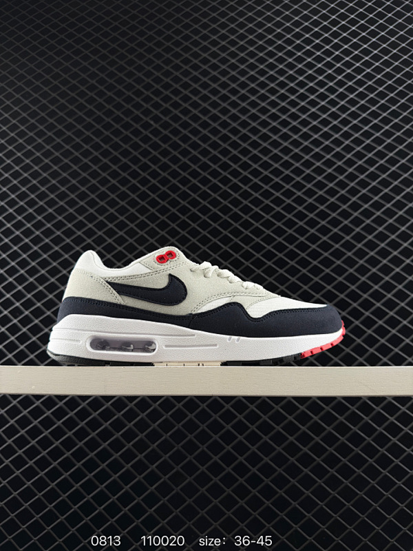 110  Nike Air Max 1  Air Max 气垫  全新配色 鞋身材质均选择皮革、织物、麂皮多种材质覆盖，保证质感的前提下，层次感也相当不错。细节方面，除了鞋舌的雪糕图案外，侧身半透明