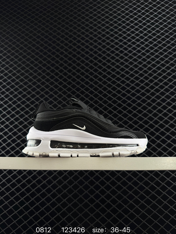 130耐克 Nike Air Max 97 小勾子弹复古全掌气垫休闲运动鞋，正确子弹头鞋型 鞋身Swoosh视觉呈现效果。 以创新搭载可视全掌Max Air和演绎疾速风范的前卫设计，流畅的鞋身线条完美