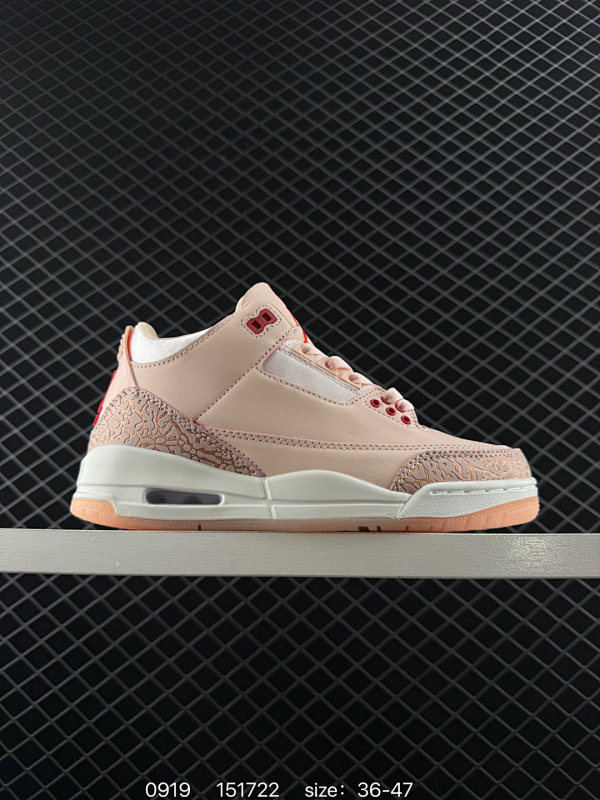110 Air Jordan 3 Valentine's Day WMNS 浅粉情人节 AJ3 乔丹3代 aj3 乔3 粉红 乔丹篮球鞋系列 整体鞋身以水洗珊瑚色的柔软皮革打造，鞋舌、鞋带和内衬的颜色