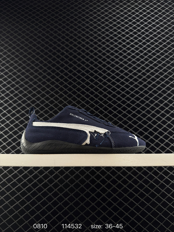 160 PUMA 彪马 x Balenciaga巴黎世家 Speedcat 系列 薄底鞋 牛皮绒面革 圆头做旧磨损 低帮 生活休闲鞋 极速赛车系列 复古运动休闲跑鞋 充正版本  鞋面设计轻量透气 提供