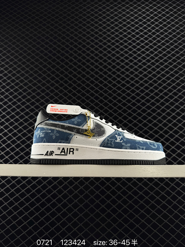 120 海外爆款限量发售！高端定制Nike Air Force 1 '07 Low 路易威登联名--- 牛仔蓝黑勾 lv印花 高端定制 低帮休闲板鞋 定制鞋盒 大厂纯原品质出货 超高清洁度 皮料切割干