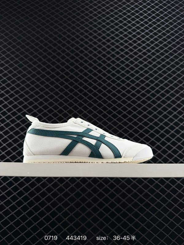 90 简介：Onitsuka Tiger MEXICO66 Paraty Slip-On 亚瑟士 鬼塚虎 一脚蹬经典休闲帆布鞋。虎爪造型的Logo，鞋身稳定包裹系统支撑鞋身。鞋头外包橡胶片，保护脚趾，