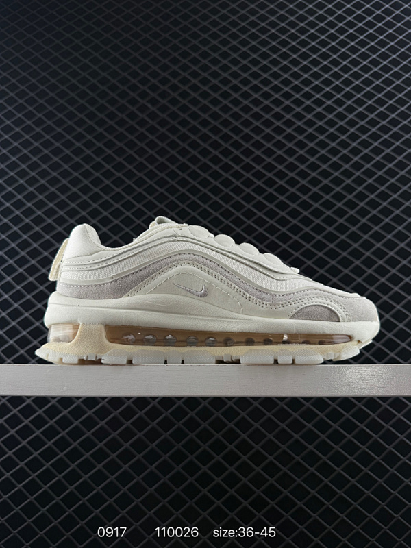 130 Nike/耐克 Nike Air Max 97 SE 气垫缓震男士跑步鞋 厚底增高百搭运动鞋。以织物材料以及皮革材质搭配而成 鞋侧的走线部分做了一个解构的处理，不同材料的叠加使原本的叠加线条造
