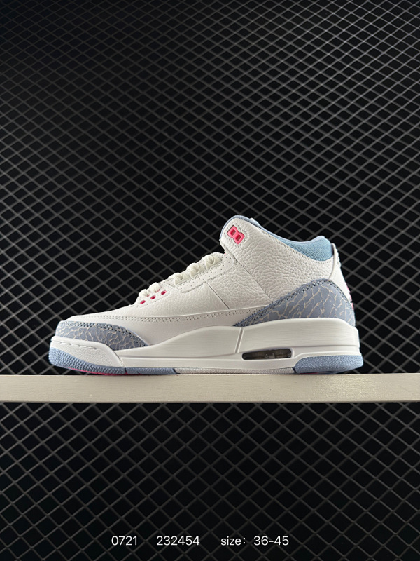 270 Air Jordan 3 Retro "White And Cobalt Bliss" 钴宝蓝 AJ3 乔丹3代 aj3 乔3 冰蓝粉 乔丹篮球鞋系列 鞋身以纯净的白色皮革为基底，营造出清爽干