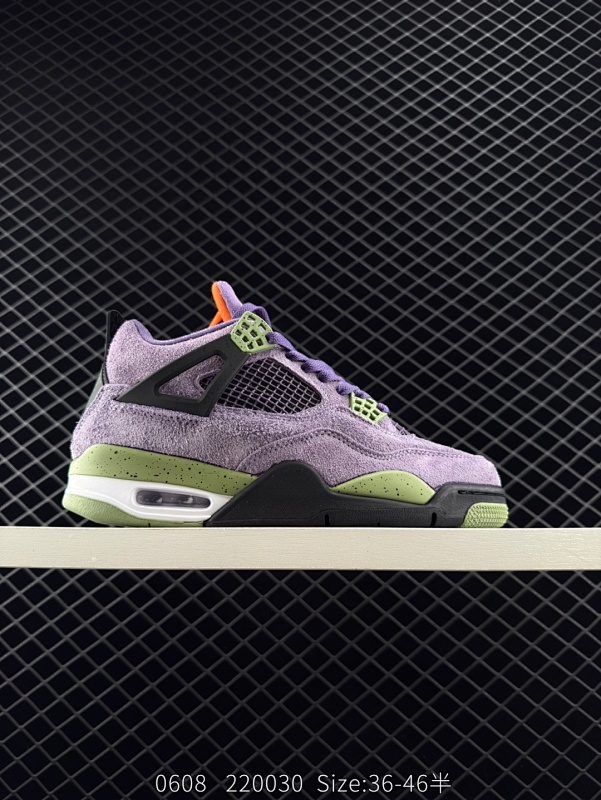 150 Air Jordan 4 Retro "Canyon Purple" AJ4 乔4 紫麂皮 篮球鞋 #配色方案颇有“小丑”的既视感。鞋面使用紫色麂皮作为主体框架，鞋舌和鞋身中段的网格材质也采用