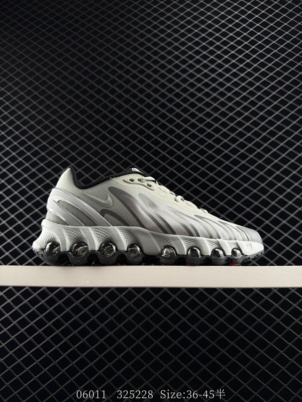 140  Nike Air Max DN8 复古减震气垫跑鞋 经典重温FQ7860-008 全新鞋款在同侧采用了圆柱仓式的设计，不仅有防滑耐磨性功能，还搭配了周围一圈柔软的泡棉材质，提供全新的复合脚感