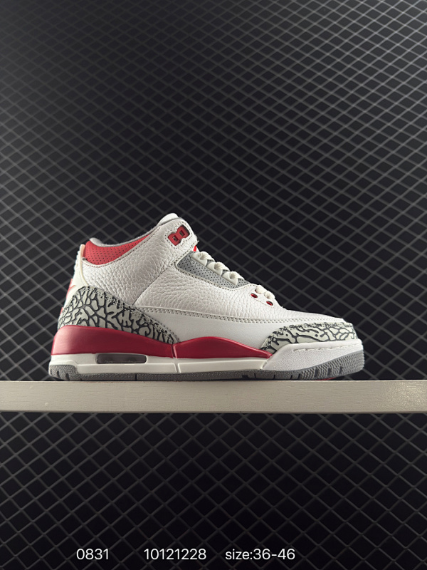 140 乔丹Air Jordan 3 Retro ”Hide and Sneak“ 白灰棕乔丹篮球鞋系列 该款以白色搭配灰棕细节，辅以标志性的爆裂纹元素，经典的白色荔枝皮鞋身，辅以醒目爆裂纹点缀，深灰