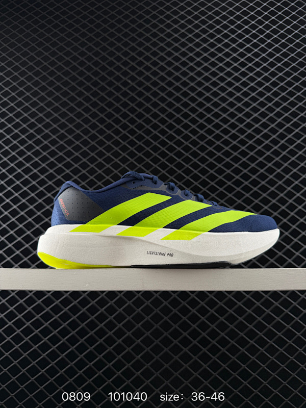 200 Ad Adizero Evo SL 阿迪超轻透气缓震跑鞋 整体外观造型与adiZero Adios Pro EVO 1非常相似 中底配置方面搭载全掌Lightstrike Pro  鞋面采用透