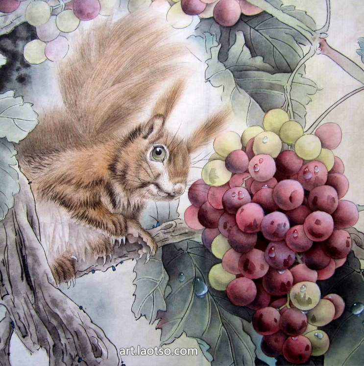 四尺斗方工笔葡萄松鼠